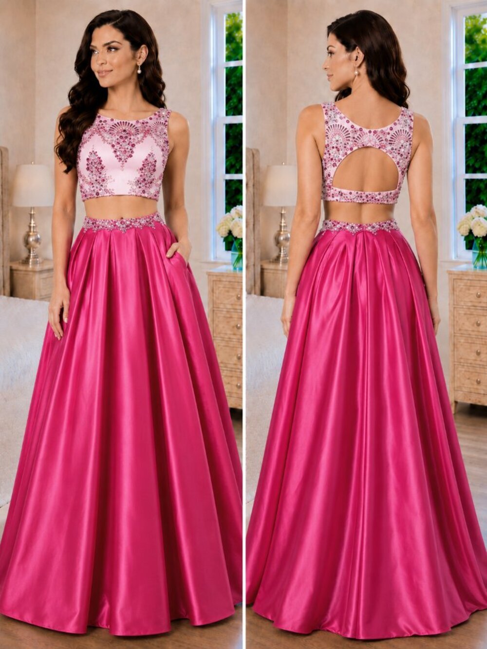 Rachel Allan 7618 Pink Two Piece Barbiecore Long Formal Gown $538